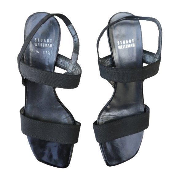 Stuart Weitzman Black Square Toe Heels Sandals Leather Sole Spain 7M - Picture 2 of 10
